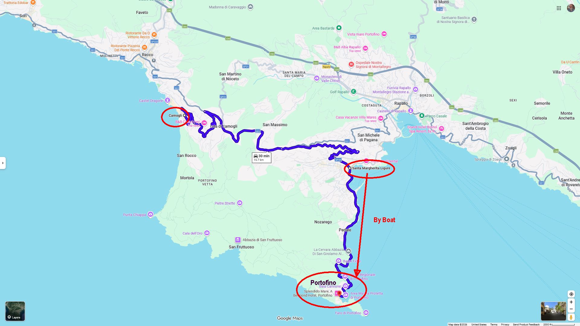Camogli to Portofino Map
